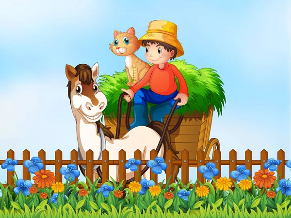 Agricultor Montando Cavalo Carrinho Ilustração —  Vetores de Stock