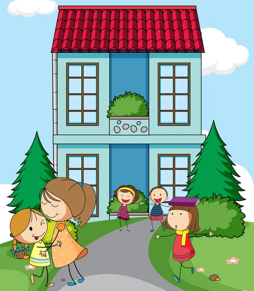 Enfants Devant Une Illustration Maison Simple — Image vectorielle