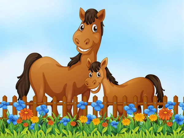 フラワー ガーデンの図での馬の家族 — ストックベクタ