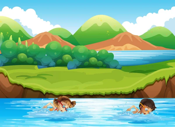 Ragazzo Ragazza Nuotare Nella Natura Illustrazione — Vettoriale Stock