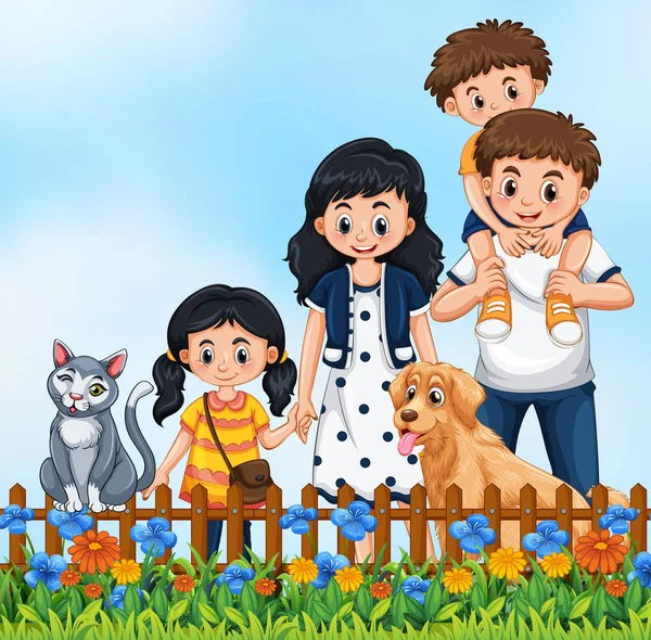 Joyeux Famille Dans Illustration Graden Fleur — Image vectorielle