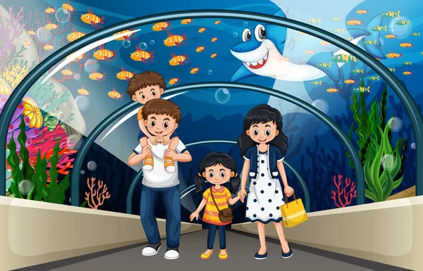 Familj Sea Aquarium Illustration — Stock vektor