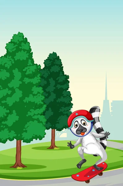 Lemure Che Gioca Skateboard All Illustrazione Del Parco — Vettoriale Stock