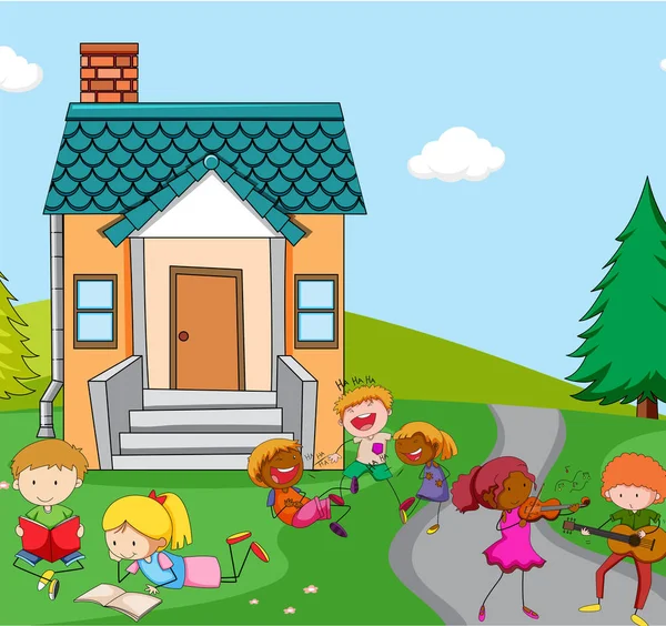 Children Playing Infront House Illustration — Stock Vector