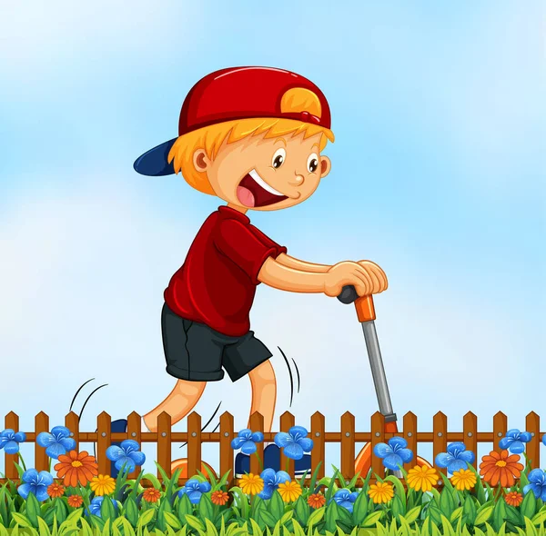 Boy Playing Kick Schooter Garden Illustration — Stock Vector