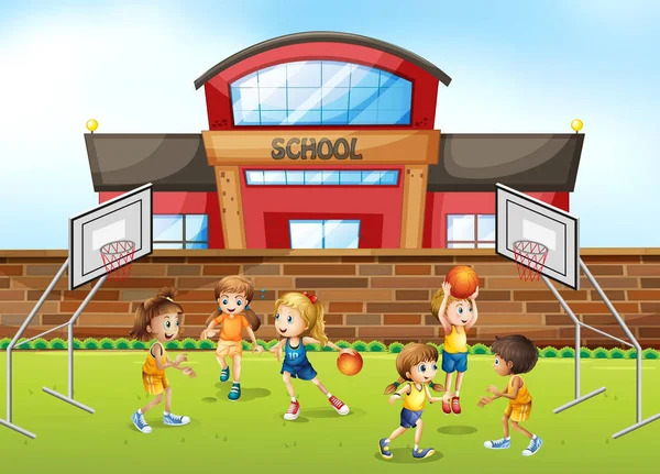 Pemain Basket Ilustrasi Lapangan Sekolah - Stok Vektor