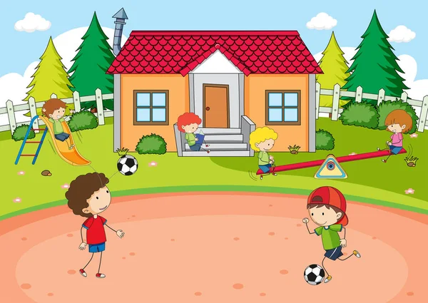 家の図で遊んでいる子供たち — ストックベクタ