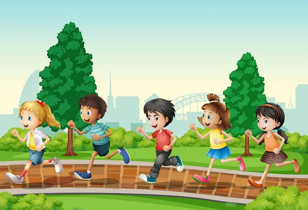 Kinderen Lopen Stadspark Afbeelding — Stockvector