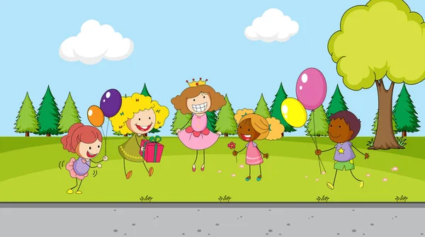 Festeggiamenti Bambini Nel Parco Illustrazione — Vettoriale Stock