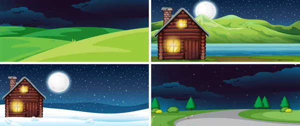 Set Nature Landscape Night Illustration — Stock Vector