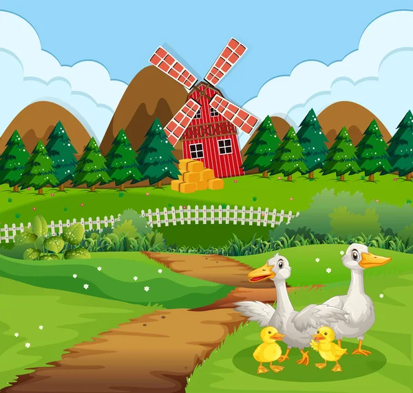 Duck Family Farmland Illustration — Stock Vector