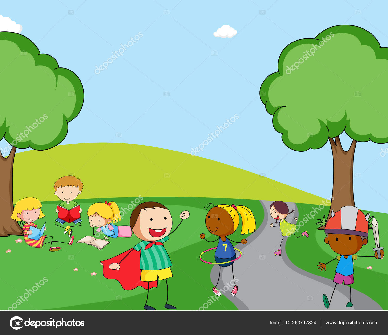 Niños jugando en el patio Vector de stock #263717824 de ©interactimages, image size:1600x1380