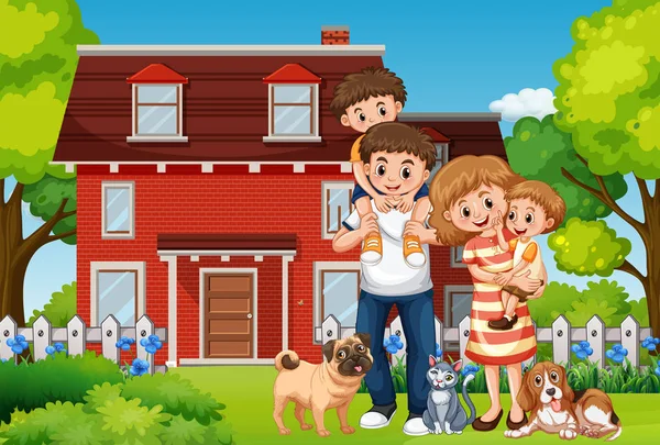 Familia frente a casa — Vector de stock