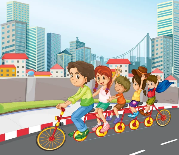 A family riding bicycle in city — Stock Vector