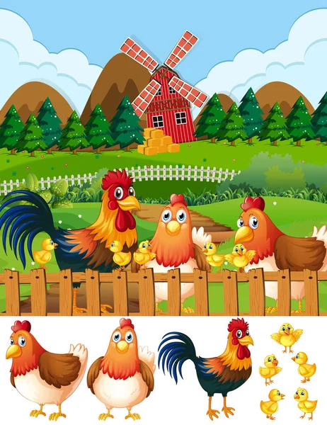 Chicken family at farmland — Stock Vector