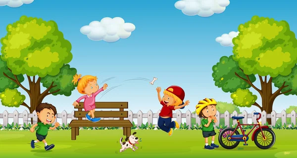 男孩和女孩在公园里玩耍 — 图库矢量图片