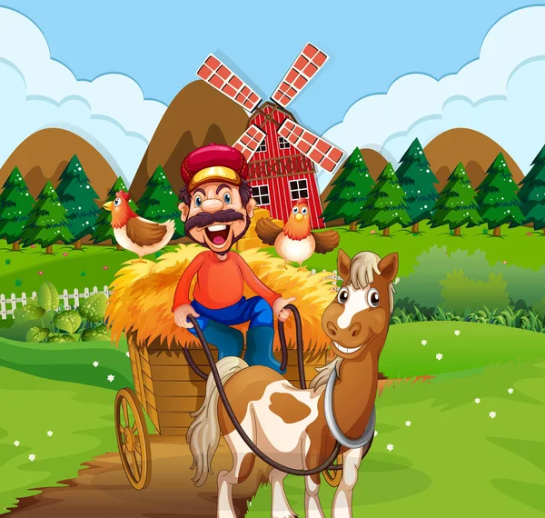 Chariot d'équitation fermier heureux — Image vectorielle
