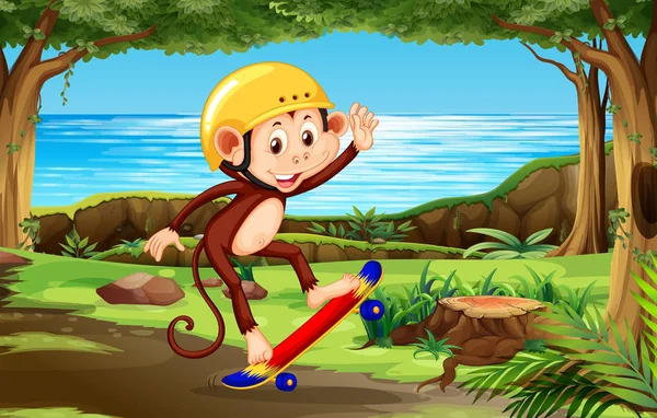 Un mono jugando skateboard th naturaleza — Vector de stock
