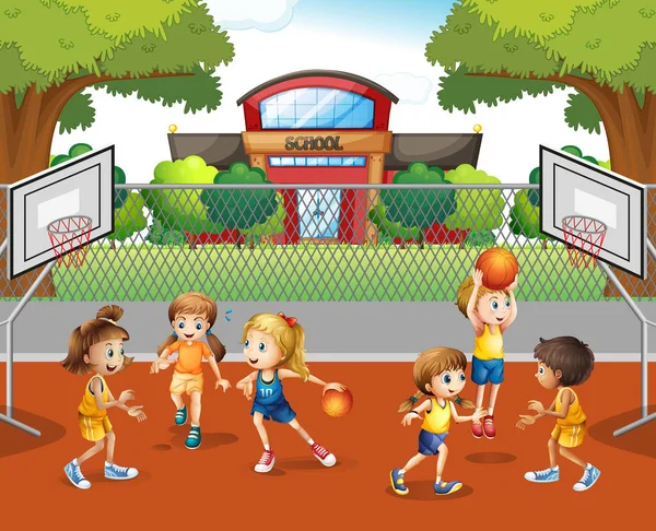 Estudiante jugando baloncesto en la escuela — Vector de stock