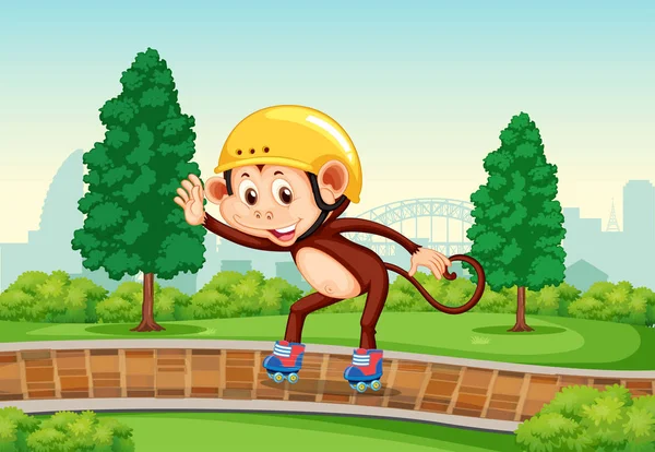 Monkey playing roller skate in the park — Stock Vector