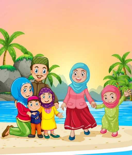 Muslimsk familj på stranden — Stock vektor