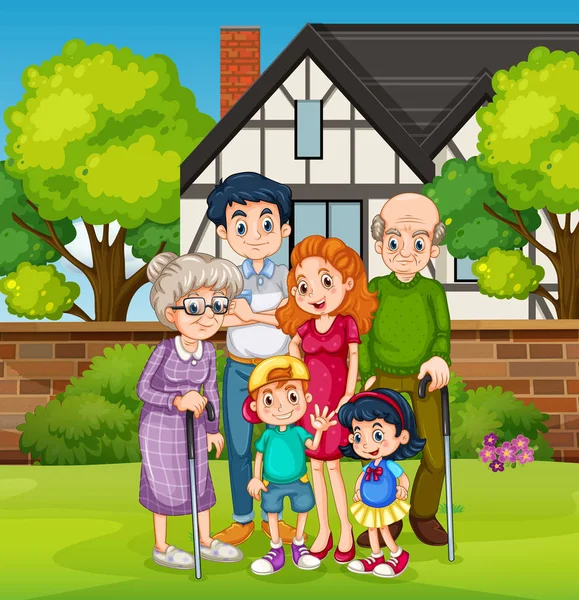 Family in front of the house yard — Stock Vector