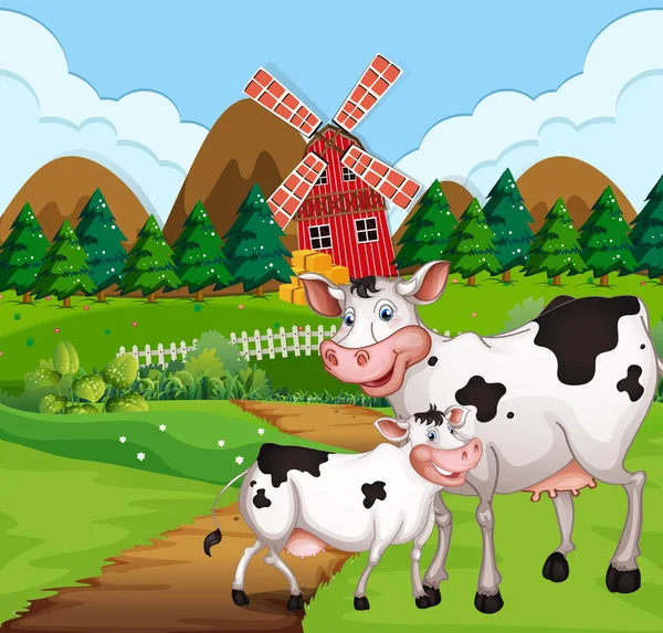 Cow in the farmland — 스톡 벡터