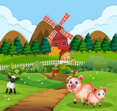 İnsan ve hayvanlarla çiftlik sahnesi