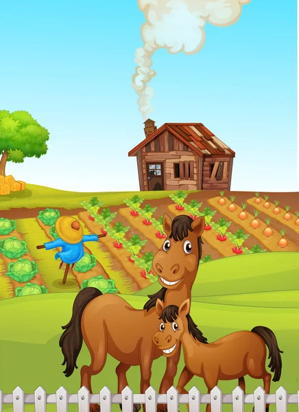 Cavalos em cena de fazenda — Vetor de Stock
