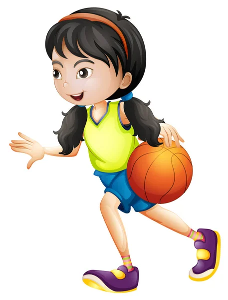 Chica jugando baloncesto fondo blanco — Vector de stock