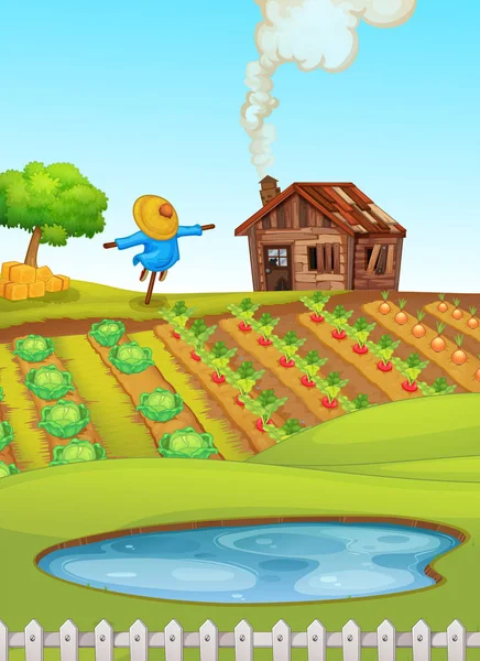 Scène de ferme avec étang au premier plan et cultures en arrière-plan — Image vectorielle