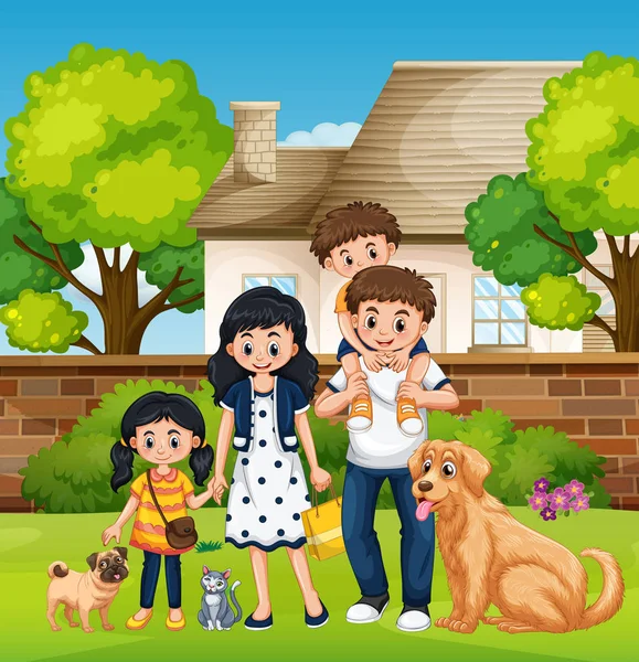 Familia frente a la casa — Vector de stock