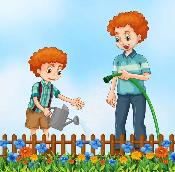 Father nad son watering the garden — Stock Vector