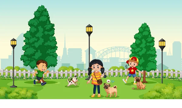 Crianças com animais de estimação no parque — Vetor de Stock