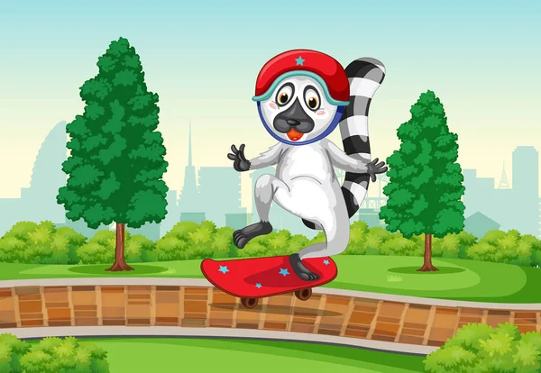 Lemur spelar skatebaord i parken — Stock vektor