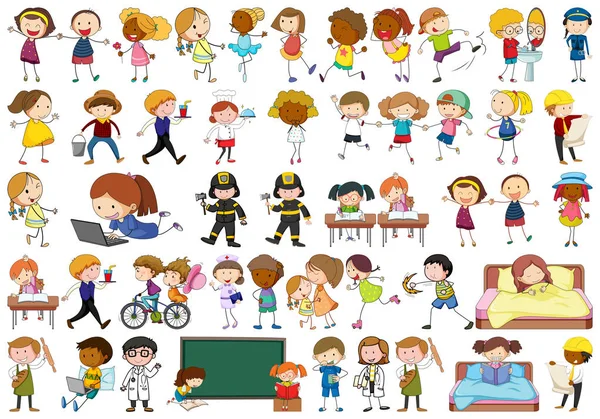 Enfants simples actifs faisant diverses activités — Image vectorielle