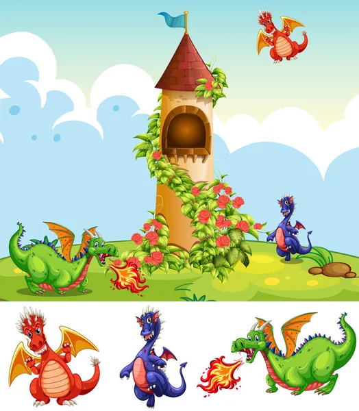 Conjunto de dragões no cenário do castelo —  Vetores de Stock