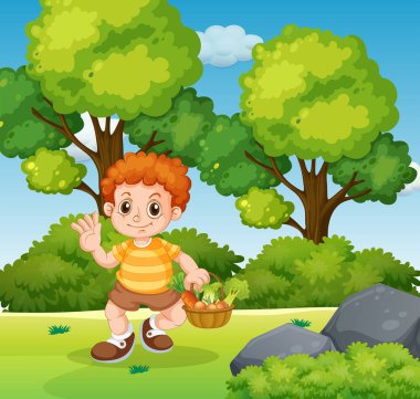 Parkta sebze sepeti tutan bir çocuk.