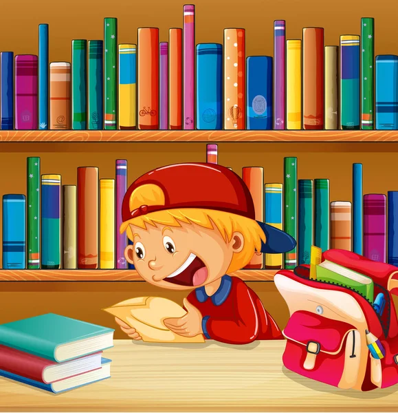Een jongen in de bibliotheek — Stockvector