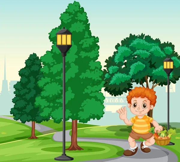 En pojke med korg i parken — Stock vektor