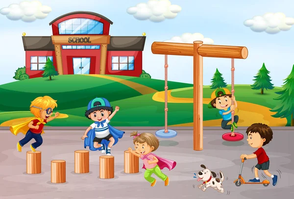 Crianças brincando no playground da escola — Vetor de Stock