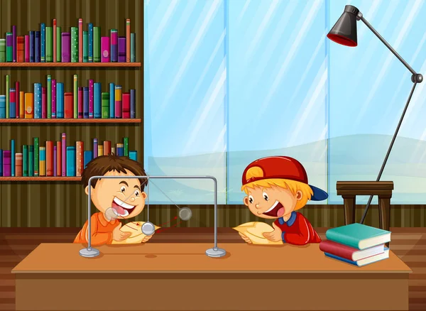 Мальчики учатся в библиотеке — стоковый вектор