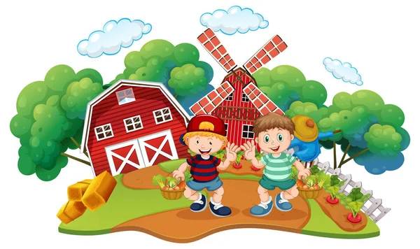 Children at the farm scene — Stock Vector