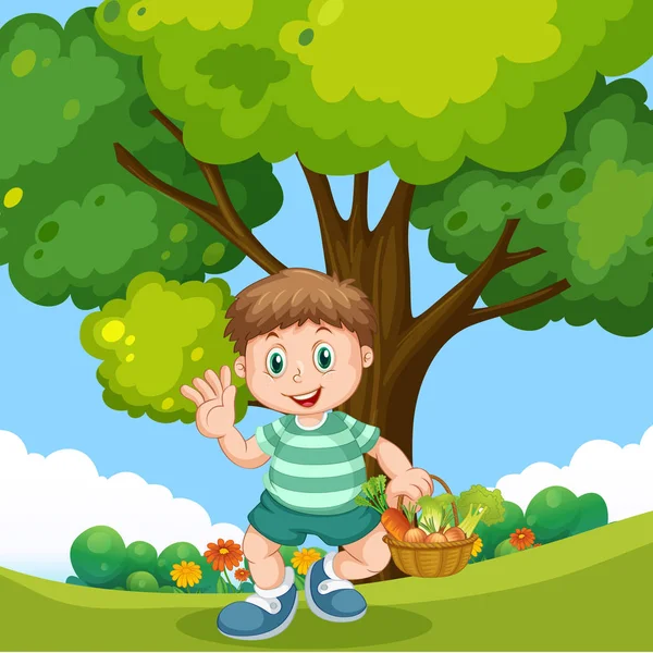 Αγόρι με καλάθι λαχανικών στο πάρκο — Διανυσματικό Αρχείο