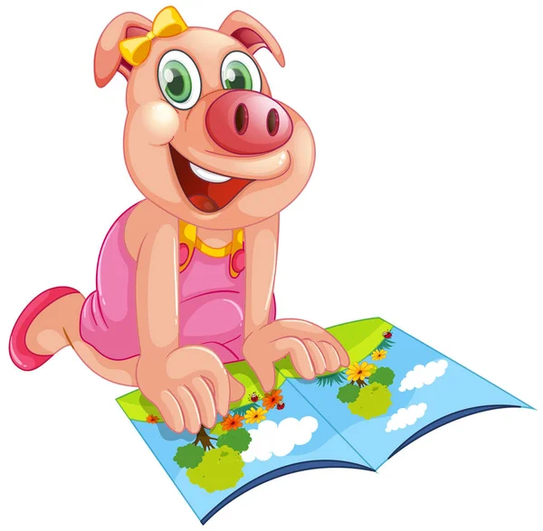 Happy pig reading a book — Stock Vector