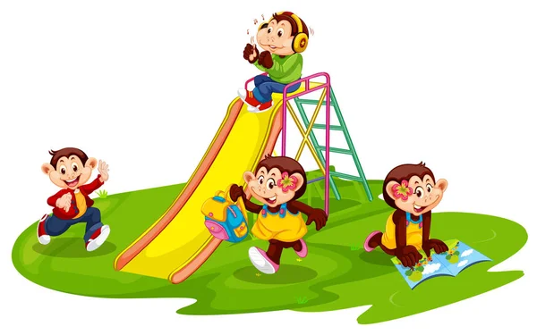 Gruppo di studenti scimmia al parco giochi — Vettoriale Stock