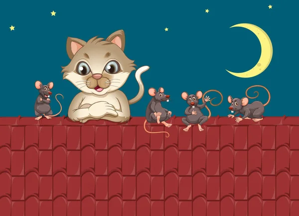 Cat myš na střeše — Stockový vektor