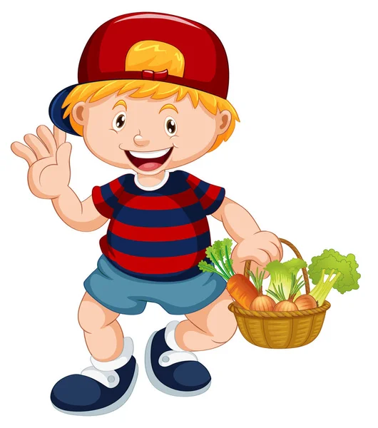 Cute boy with vegetable basket — Stock Vector