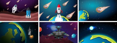 Dünya, roket ve asteroit sahneleri seti
