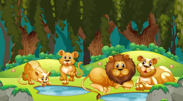 丛林中的狮子场景 — 图库矢量图片